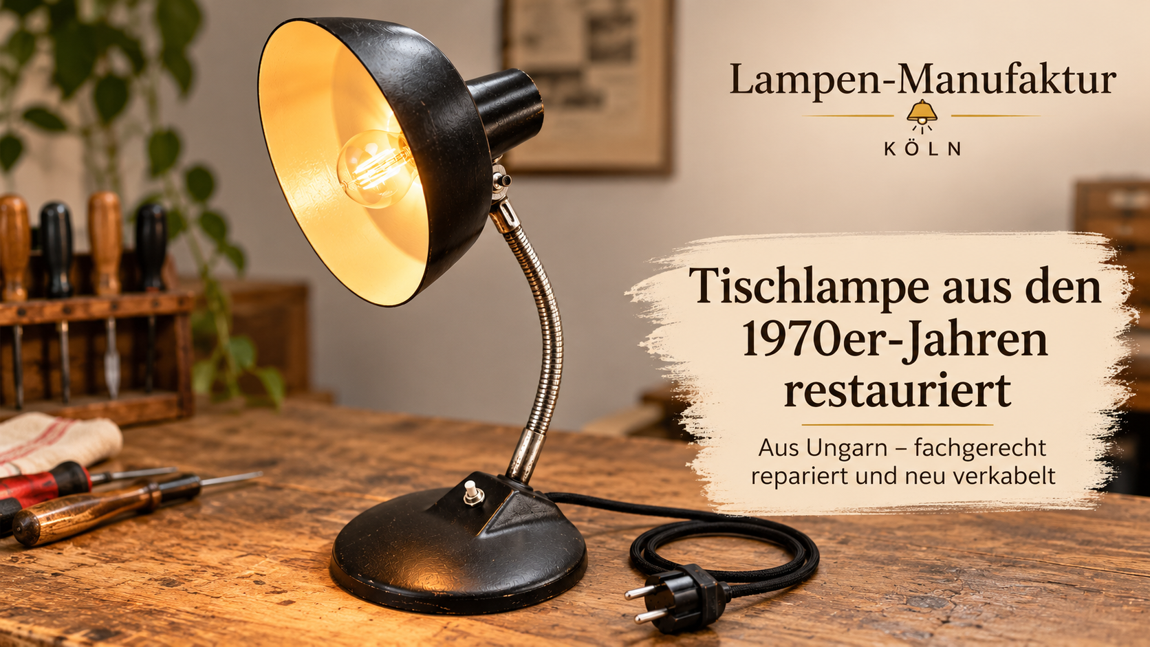 Tischlampe aus den 1970er-Jahren repariert und neu verkabelt – Lampenreparatur in Köln